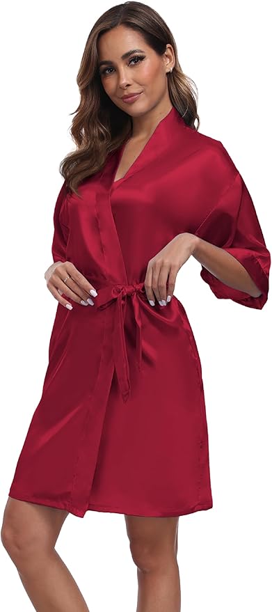 Women's Short Satin Robes Silky Bathrobe Bridesmaid Sleepwear for Wedding Party Getting Ready Solid Color