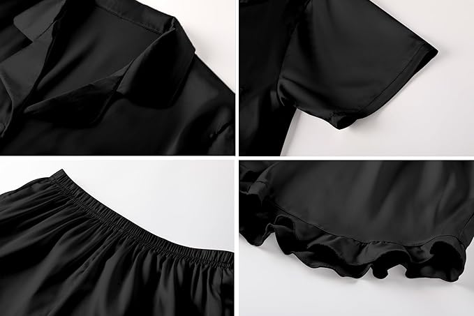 Umeyda Girls & Women Satin Pajamas Set Button Down 2 Piece Silk Pjs Shorts Set Ruffle Sleepwear, 5 Years-Women L