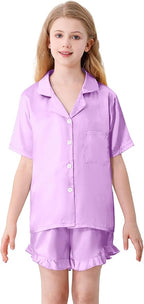 Umeyda Girls & Women Satin Pajamas Set Button Down 2 Piece Silk Pjs Shorts Set Ruffle Sleepwear, 5 Years-Women L