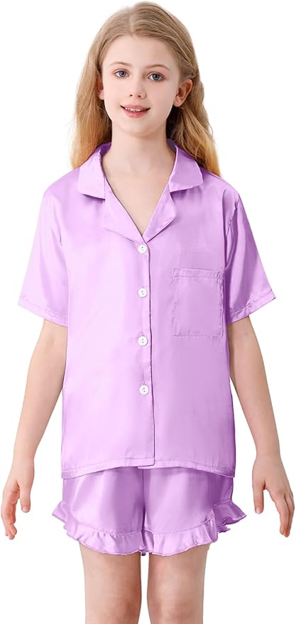 Umeyda Girls & Women Satin Pajamas Set Button Down 2 Piece Silk Pjs Shorts Set Ruffle Sleepwear, 5 Years-Women L