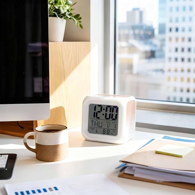 Digital Alarm Clock Peach Pink Digital Clock Date, Temperature, and Weekday Display Gradient White Battery Operated 9 Ringtones 7-Color Night Light and Snooze