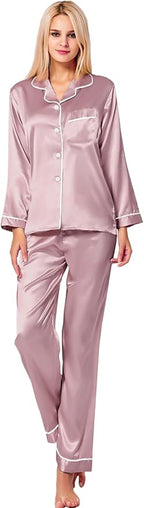 SWOMOG Womens Silk Satin Pajamas Set Long Sleeve Button Down Sleepwear 2 Piece Lounge Set Pj Set XS-3XL