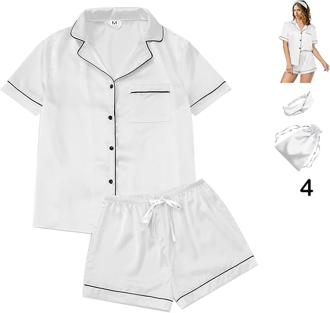 WJing Yi Jia 4Pcs Womens Satin Silky Pajama Sets Short Sleeve Shirt XS-4XL Floral Pajamas Set Soft PJ Loungewear Sleepwear