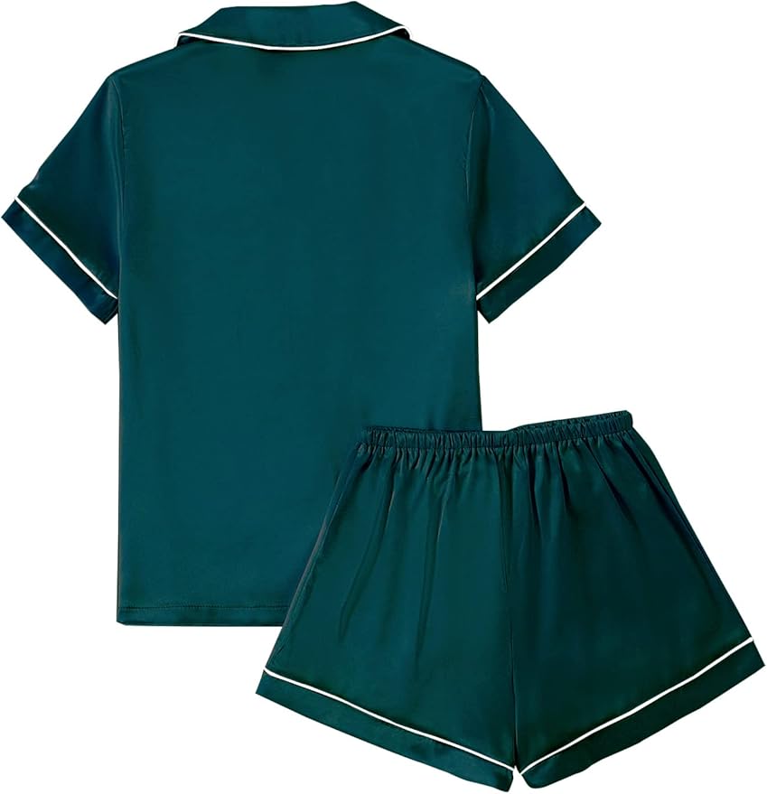 LYANER Women's Silky Satin Pajamas Set Short Sleeve Button Down Shirt With Shorts Pjs Set Sleepwear