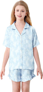 Umeyda Girls & Women Satin Pajamas Set Button Down 2 Piece Silk Pjs Shorts Set Ruffle Sleepwear, 5 Years-Women L