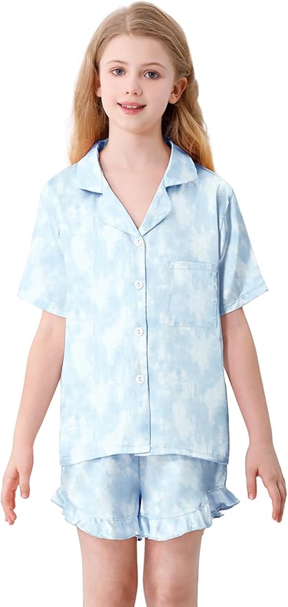 Umeyda Girls & Women Satin Pajamas Set Button Down 2 Piece Silk Pjs Shorts Set Ruffle Sleepwear, 5 Years-Women L