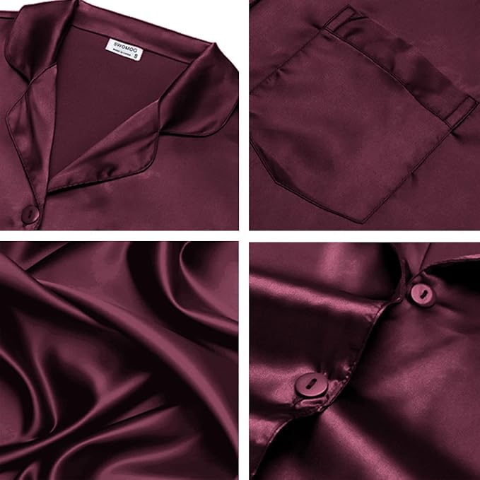 SWOMOG Long Sleeve Pajamas Set Silk Satin Sleepwear Button Down Pjs Loungewear with Pocket
