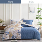 ALEISSEL Blue Botanical Cotton Comforter Queen Size - 3PC Lightweight Bedding Sets with Ultra-Soft Alternative Fill, Reversible Design with Leaf Pattern, Dark Blue & White (1 Comforter, 2 Pillowshams)