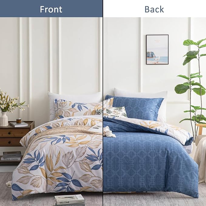 ALEISSEL Blue Botanical Cotton Comforter King Size - 3PC Lightweight Bedding Sets with Ultra-Soft Alternative Fill, Reversible Design with Leaf Pattern, Dark Blue & White (1 Comforter, 2 Pillowshams)