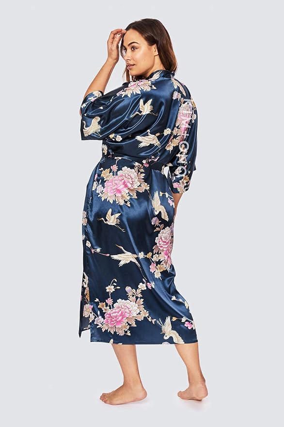 KIM+ONO Plus Size Luxury Kimono Robe for Women | Long Satin Floral Robe | Original Design | Removable Waist Tie Closure