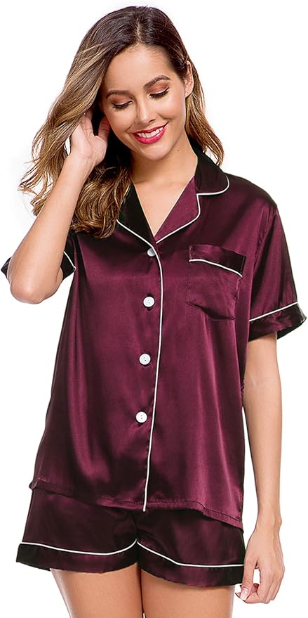 LecGee Womens Silk Satin Pajamas Short Sleeve Loungewear Two-Piece Sleepwear Button-Down Pj Set