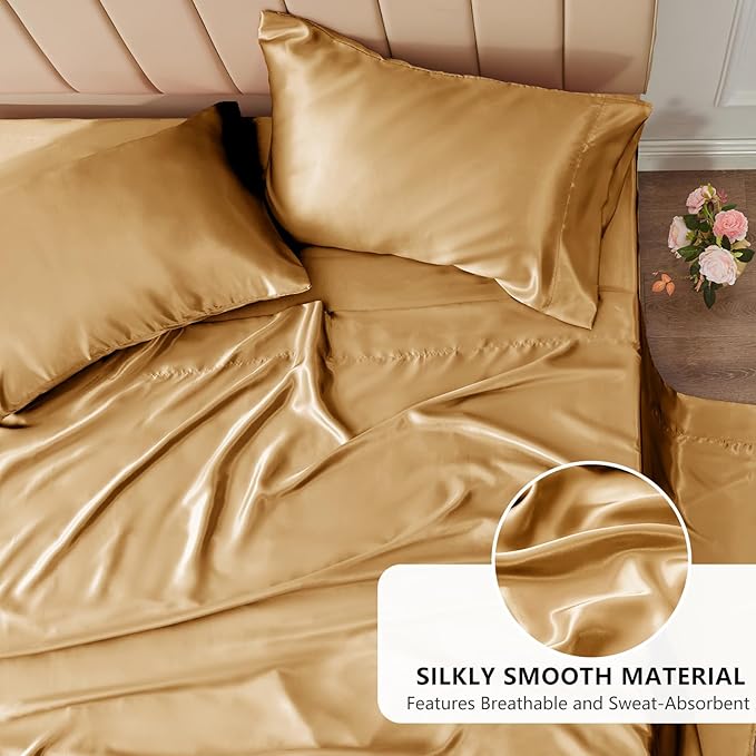 CozyLux Satin Sheets Queen Size Bed Set - 4 Piece Silky Queen Sheet Set, Luxury Gold Queen Sheets with Smooth and Soft Microfiber, Includes 1 Fitted Sheet, 1 Flat Sheet and 2 Pillowcases