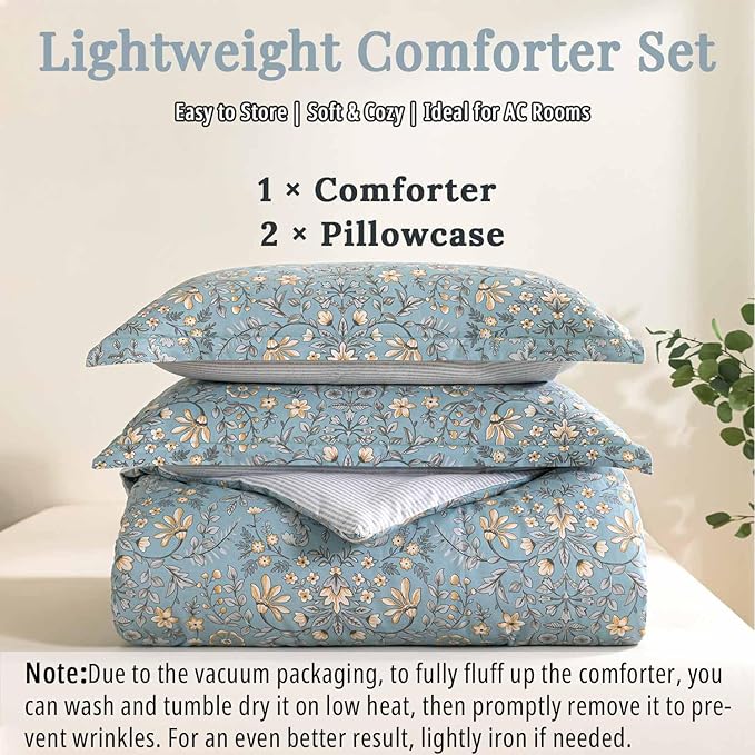 ALEISSEL Smoky Blue Botanical Cotton Comforter Queen Size - 3PC Lightweight Bedding Sets with Soft Fill, Luxurious Vintage-Inspired Floral Patterns, Light Gray Striped Reversible Design