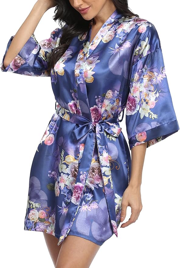 Women's Floral Satin Robes Bride Bridesmaid Getting Ready Robe Short Silky Kimono Sleepwear for Wedding Party