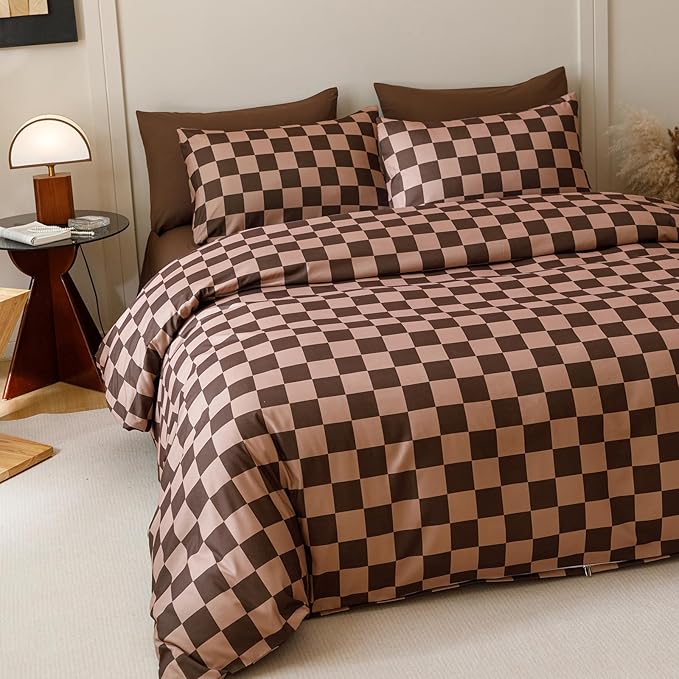CLOTHKNOW Dark Brown Plaid Queen Comforter Set 3Pcs Grid Bedding Comforter Sets Soft Checkerboard Geometric Comforter with 2 x Pillow Cases