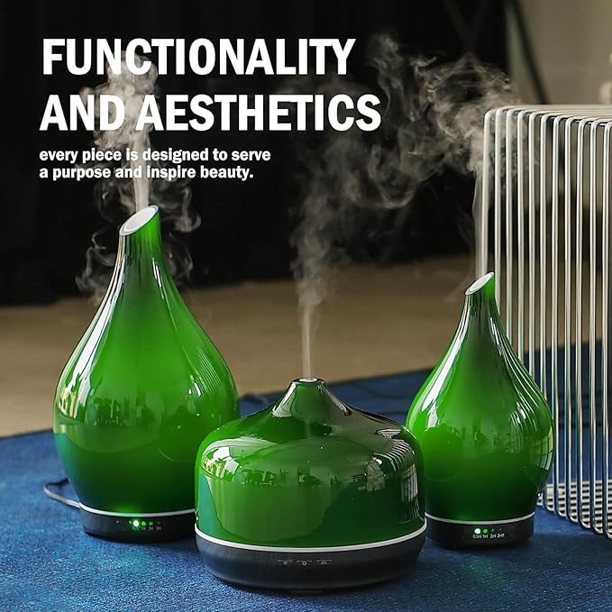 Porseme 500ml Glass Essential Oil Diffuser Aromatherapy Ultrasonic Cool Mist Humidifier 15-21 Running Hours Waterless Auto-Off Air Diffusers for Sleeping Yoga Working Spa(Hulk Green)