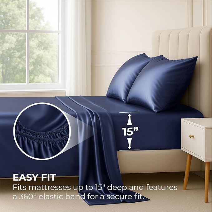 Pure Bedding Satin Sheets Twin Hotel Luxury Silky Bed Sheets - Extra Soft 1800 Microfiber Sheet Set, Wrinkle, Stain Resistant - Deep Pocket Fitted Flat Sheet, Pillow Cases (3-Piece, Midnight Blue)