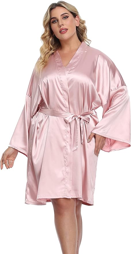 Women's Plus Size Short Silky Bathrobes Satin Kimono Robes Bride Bridesmaid Loungewear Soft Nightgown