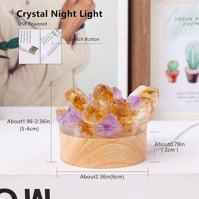 Runyangshi Natural Crystal Night Lamp Bedroom Bedside Sleep Night Light Citrine Amethyst Healing Crystal Gemstone Quartz Ambient Light USB Powered Night Decoration Desktop Ornament for Home Decor Gift