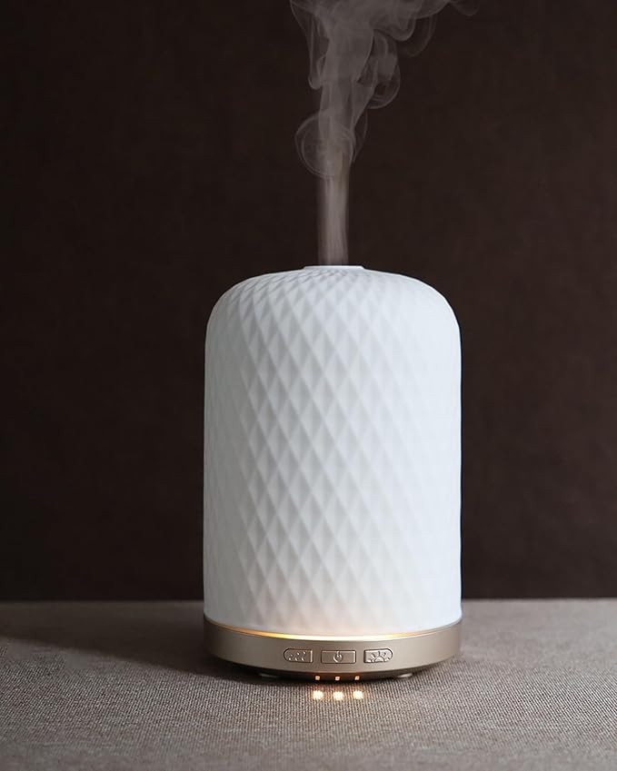 Onaboviva Essential Oil Diffuser - 2.4MHz Ultrasonic Ceramic Diffuser for Home, 120ml, Pulse&Continuous Mist, Bright/Dim/Breathing Lighting, Waterless Auto-Off, Aromatherapy Diffuser with USB Cable
