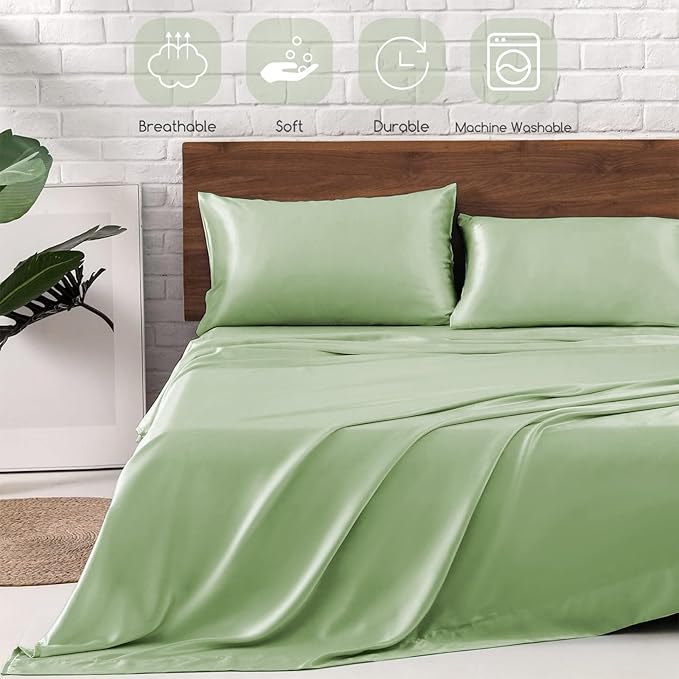 MR&HM Satin Bed Sheets with Elastic Corner Straps, Full Size Sheets Set, 4 Pcs Silky Bedding Set with 15 Inches Deep Pocket for Mattress (Full, Light Sage)