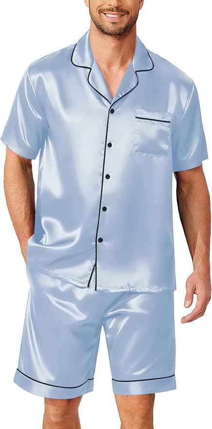 Ekouaer Mens Pajamas Set Silk Satin Sleepwear Short Sleeve Button Down Pjs Set 2 Piece Loungewear with Pockets S-XXL