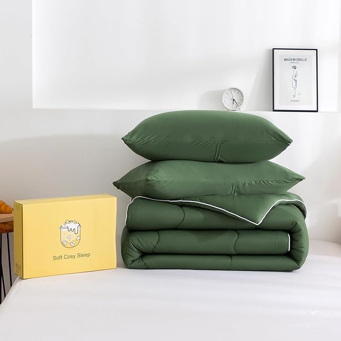 COTTEBED 3 Pieces Softness Comforter Set KING Size Bed, California Cal King Jersey Knit T-Shirt Feel Ultra-Soft Comy Lightweight 1 Bedding Quilt Blanket Conforter & 2 Pillowsham All Season Olive Green