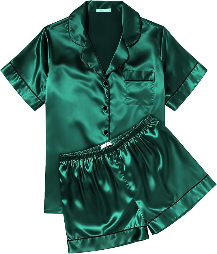 Ekouaer Womens Silk Satin Pajama Sets Soft Short Sleeve Button Down Sleepwear Top and Shorts 2 Piece Pjs Lounge Set