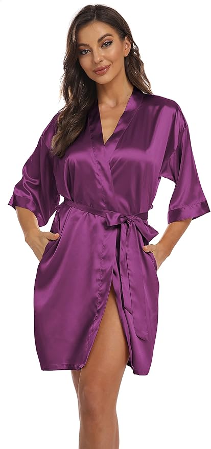 Women's Pure Short Kimono Robes Bride Bridesmaids Silky Bathrobe Lightweight Satin Sleepwear