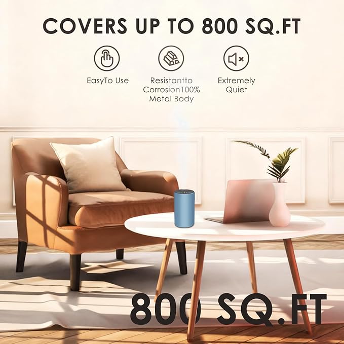 Waterless Essential Oil Diffuser, Battery Powered Mini Scent Air Machine, Aromatherapy Mist Diffuser for Home Room Car Office (Blue Aluminum Alloy)