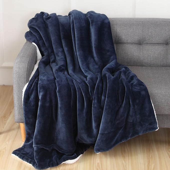 Elegant Comfort Throw Blanket, Reversible Sherpa Flannel, Ultra-Soft, Fuzzy, Cozy and Plush- All Season Lightweight Decorative Throw, 50 x 60 inches, Solid Sherpa Throw, Navy Blue