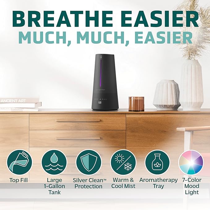 PureGuardian 1.5 Gal Ultrasonic Warm & Cool Mist Humidifier with UV-C Light, IntelliSense Humidistat, 90-Hr Runtime, for Large Rooms up to 540 Sq. Ft., Black, H5665B