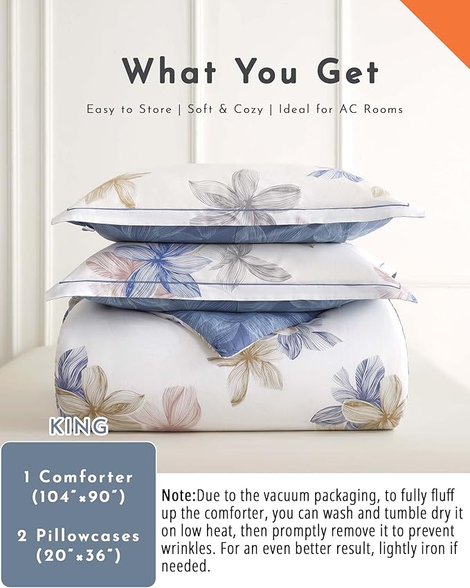 ALEISSEL Natural Cotton 3pcs Floral Comforter Sets King Size - Grayish White Comfoter with Blush & Tan Floral Print, Aegean Blue Reverse, Vintage Lightweight Bedding Sets(King 104"×90")