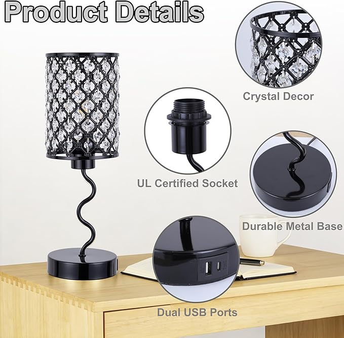 EOEYYOYB Crystal Table Lamp with 3 Way Dimmable Touch Control, Nightstand with USB A+C Ports, Modern Bedside Touch Lamp for Bedroom, Living Room, Office Reading, Black