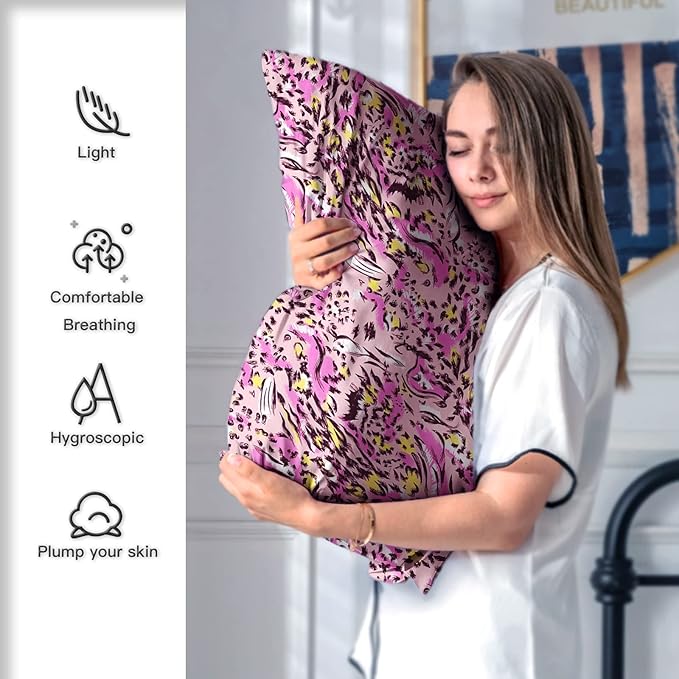 Mulberry Silk Pillowcase for Hair and Skin King Size Leopard Print Silk Pillow Cases with Zipper Soft Breathable Smooth Cooling Silk Pillow Covers for Sleeping (Pink Paint, 20"X 36",1Pcs)