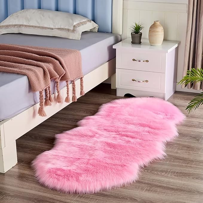 Super Soft Fluffy Faux Fur Sheepskin Rugs Bedroom Floor Sofa Living Room Plush Carpet Sofa Cover Bedside Rugs (2x4 ft Sheepskin, Rose Pink)