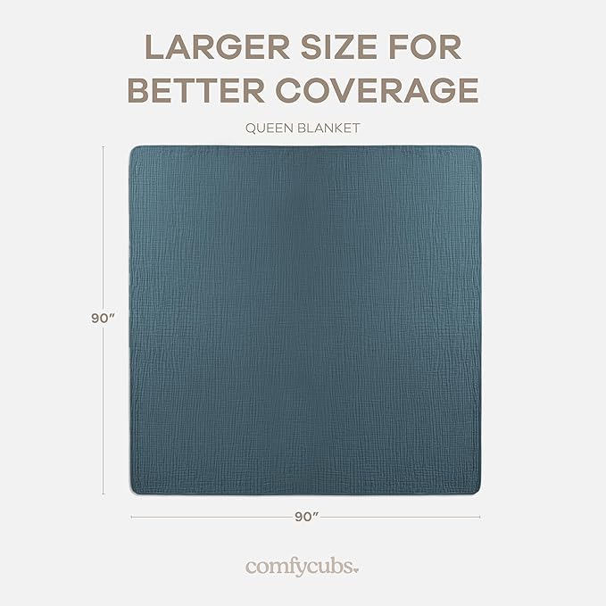 Comfy Cubs Muslin Blanket for Adults Queen 90" x 90" - 6 Layer Soft, Breathable & Lightweight Muslin Adult Blanket - Machine Washable & Designed in The US Bedding for All Seasons - Neptune