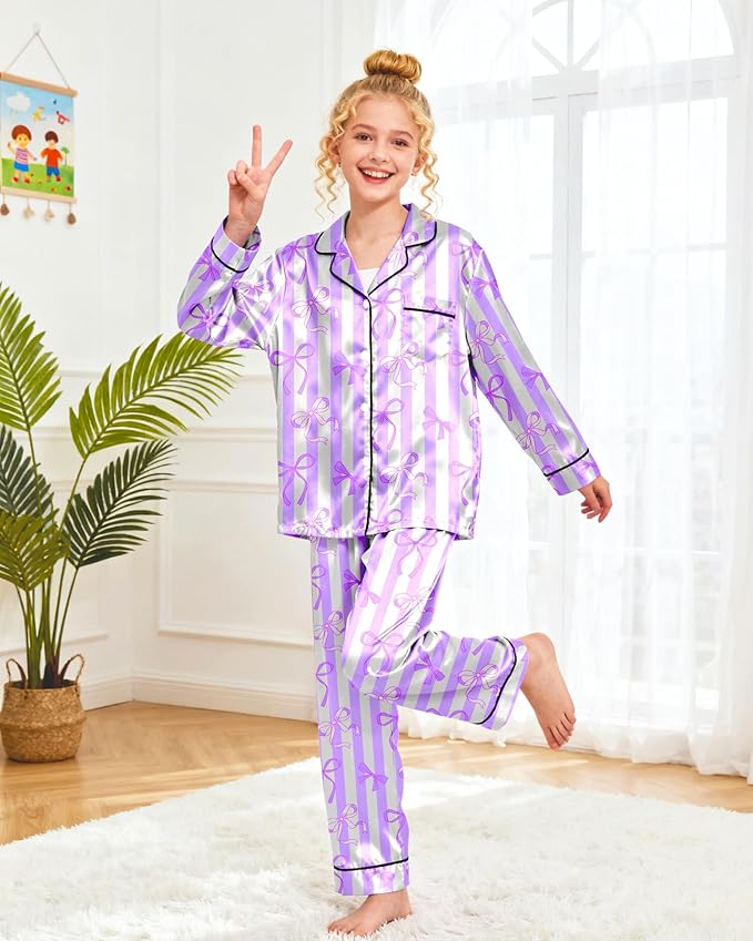 Girls Pajamas Silk PJS Set Satin Sleepwear Long Sleeve Jammies for Kids Button-Down Nightwear Loungewear 3-16 Years