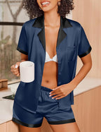 Ekouaer Womens Silk Satin Pajamas Set Short Sleeve Sleepwear Button Down Loungewear 2 Piece Pjs Shorts Set