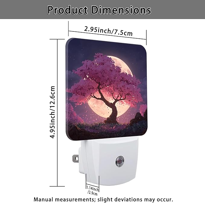 Cherries Blossom Night Lights Plug Into Wall, Nature Dreamy Moon Night Sky Spring Peach Dusk to Dawn Led Plug in Lights for Living Room Entryway Kitchen Decor 2pcs