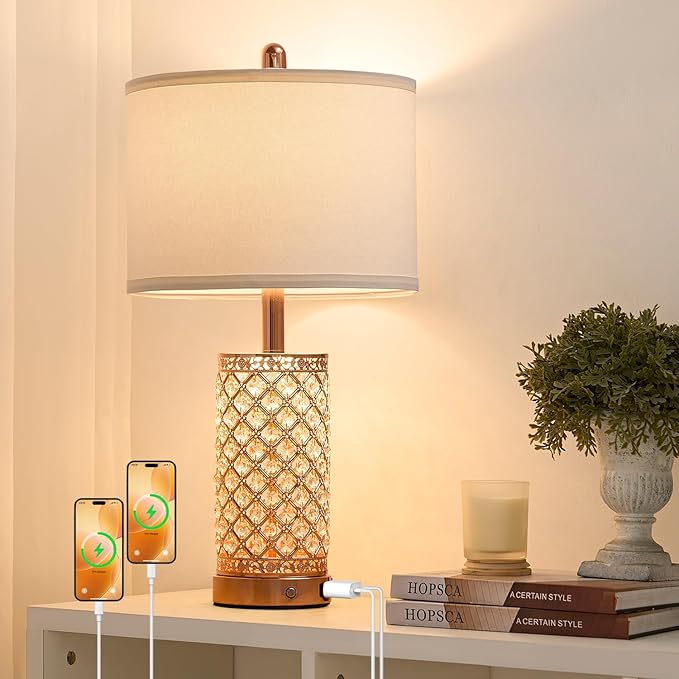 SAIWEYA Crystal Table Lamps 3-Way Dimmable Bedroom Lamp with 2 USB Ports & AC Outlets for Living Room Retro Bedside Nightstand Lamp Night Light (Rose Gold- 1 Pack 24In)