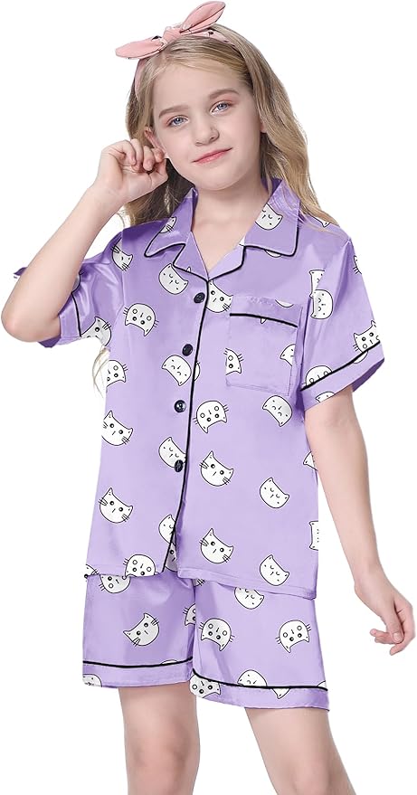 Girls & Womens Satin Pajamas Set, Silk Button-Down Sleepwear 2 Piece Nightwear, 3 Years - Women XXL