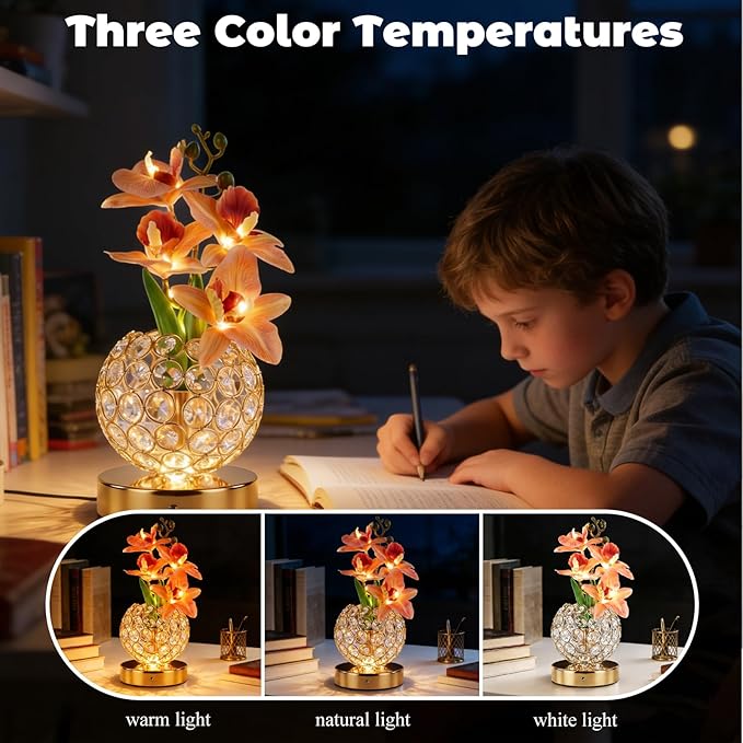 Flower Table Lamp, Orchid Flower with Crystal Vase Lamp, Cordless Touch Desk Light, 3 Colors Dimming & Rechargeable, Small Night Light for Bedroom Home, Romantic Gifts for Girl Women (White)