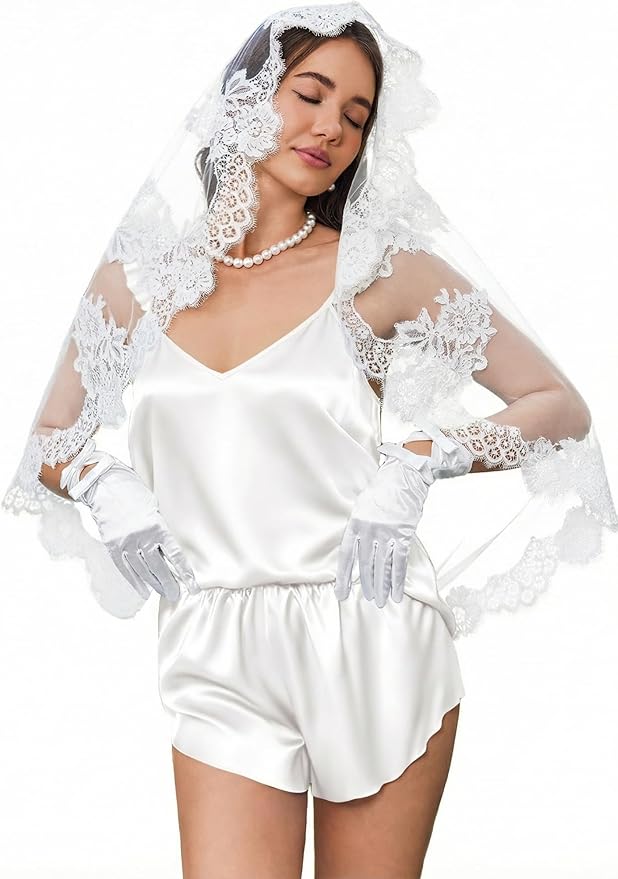 Ekouaer Satin Pajama Set for Women, Backless Silk Lingerie Pjs Back Tie-up Camisole Top and Shorts with Ruffle Sleepwear