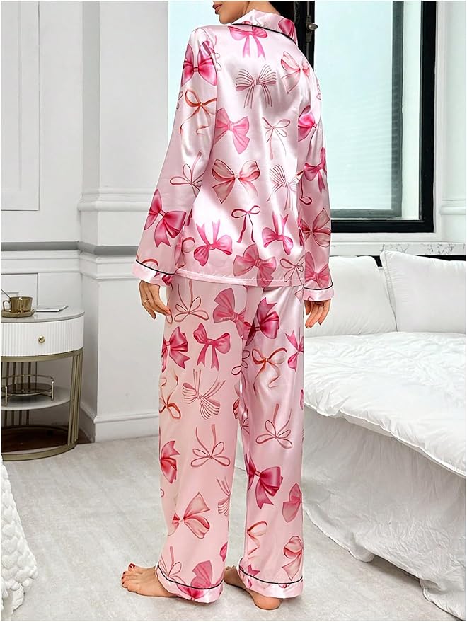 WDIRARA Women's 2 Piece Bowknot Print Satin Pajama Set Long Sleeve Button Down Lounge Pants Sleepwear Sets