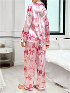 WDIRARA Women's 2 Piece Bowknot Print Satin Pajama Set Long Sleeve Button Down Lounge Pants Sleepwear Sets