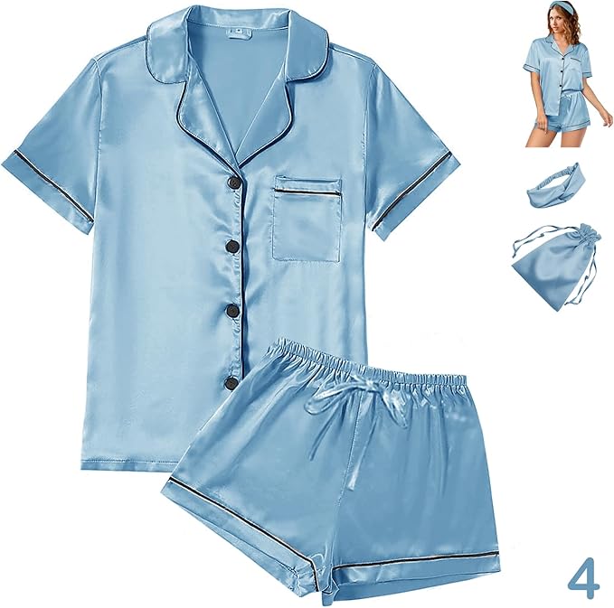 WJing Yi Jia 4Pcs Womens Satin Silky Pajama Sets Short Sleeve Shirt XS-4XL Floral Pajamas Set Soft PJ Loungewear Sleepwear