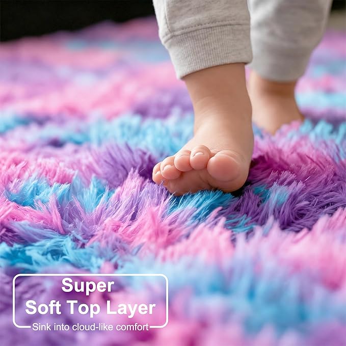 Amdrebio Hot Pink Rainbow Area Rug for Girls Bedroom 6x9, Large Fluffy Cute Fuzzy Colorful Pastel Kids Rugs for Nursery Playroom Classroom, Shaggy Princess Carpet for Baby Toddler Teen, Home Decor