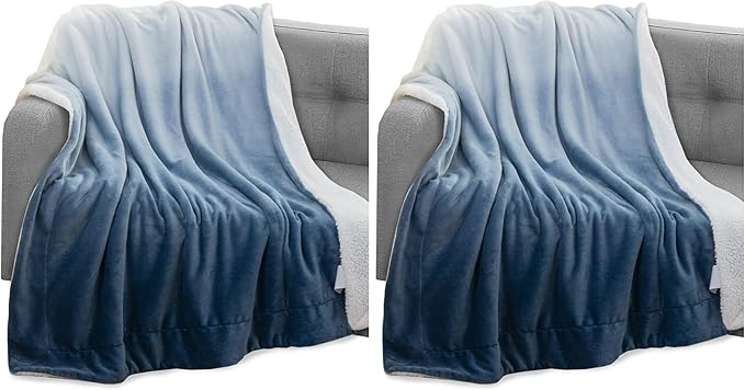 Elegant Comfort Throw Blanket, Reversible Sherpa Flannel, Ultra-Soft, Fuzzy, Cozy and Plush- All Season Lightweight Decorative Throw, 50 x 60 inches, Ombre Design Sherpa Throw, Blue (Pack of 2)