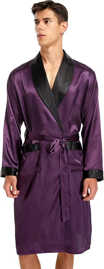 Tony & Candice Men's Satin Robe Lightweight Long Sleeve Silk Kimono Bathrobe with Shorts Set Sleepwear